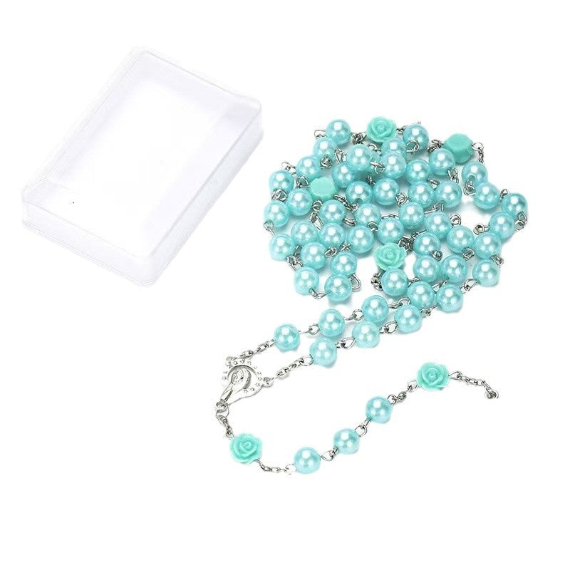 Wholesale 6mm8mm imitation pearl and resin rose cross necklace
